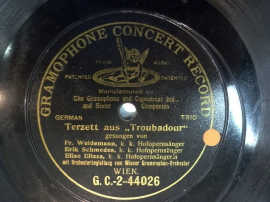 Schallplatten-Etikett zu "Der Troubadour: Terzett Nr. 71" (1909); Quelle: DIF, Foto: Anke Mebold