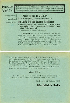 Zulassungskarte der Filmprüfstelle Berlin vom 24.02.1933, Quelle: BArch